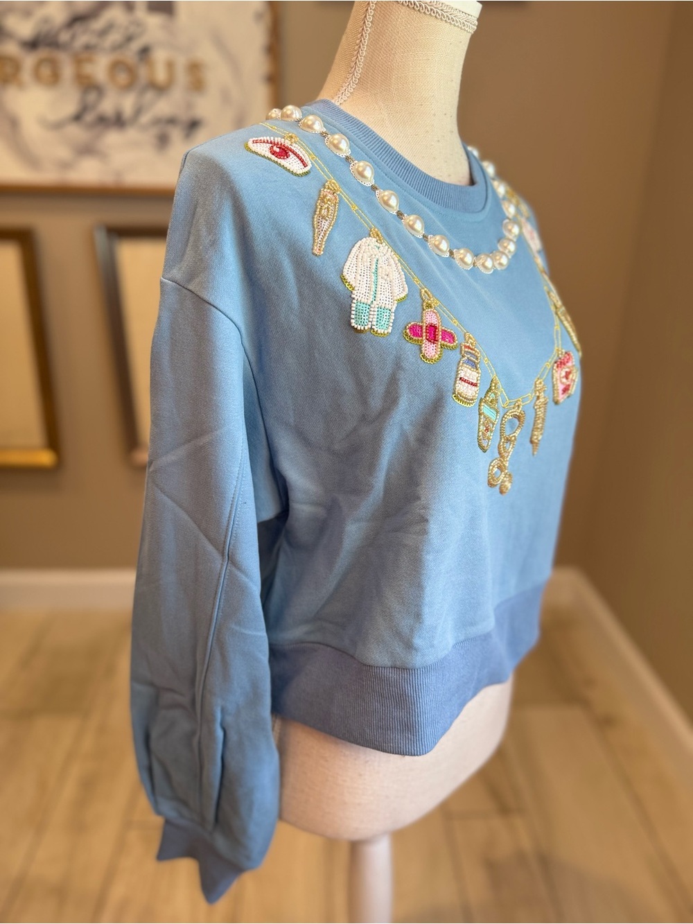 New! QUEEN OF SPARKLES Blue Sequin Medical Supply Necklace Sweatshirt - Picture 5 of 9